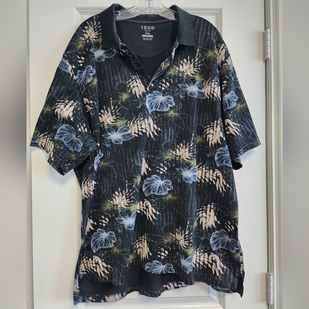Izod Golf Black and Blue Tropical Floral Polo Shirt